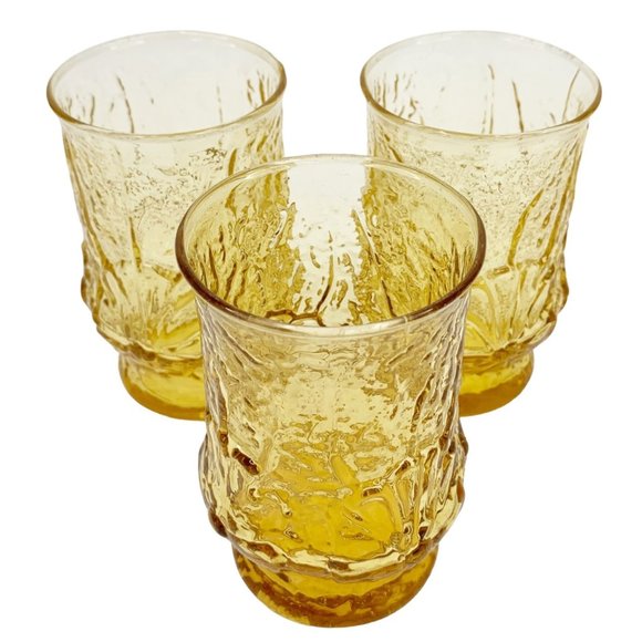 3 Vintage Anchor Hocking Juice Glass Cup Rain Flower Amber Honey Gold 4" High - Picture 7 of 9